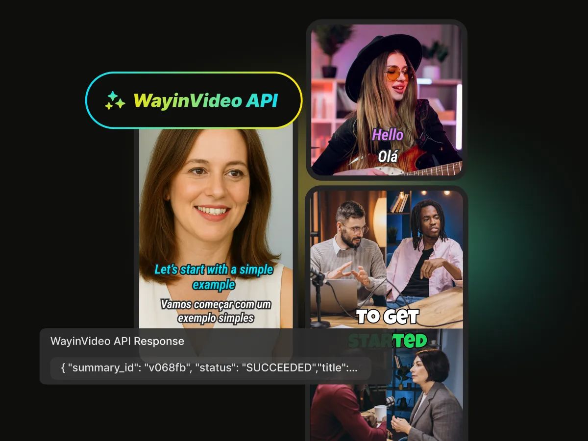 WayinVideo API integration showing programmatic video editing, JSON response code, and automated subtitle translation for enterprise workflows.